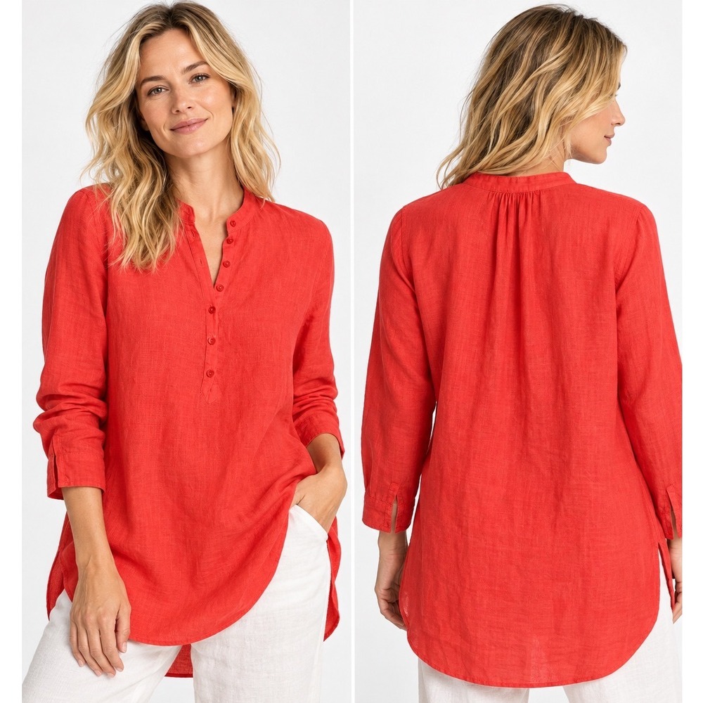 Eileen Fisher Women's XL Red 100% Organic Irish Linen Tunic Shirt Lagenlook Boho